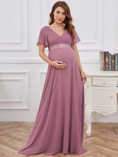 Color=Purple Orchid | Ruffle Sleeve Floor-Length Formal Maternity Dress-Purple Orchid 1 Pregnant Bridesmaid Dress, Bump Friendly Dress, Outfit Pregnant, Elegant Maternity Dresses, Pregnant Bridesmaid, Chiffon Maternity Dress, Dress For Pregnant Women, Maternity Evening Dress, Maternity Wedding