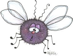 a drawing of a purple fly with one eye and two legs, has the word imagine written on it