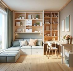 a living room filled with furniture next to a window covered in lots of bookshelves