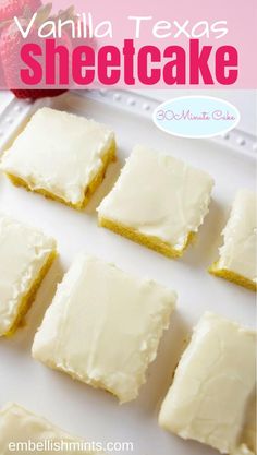 vanilla texas sheet cake with white frosting on a plate and strawberries in the background