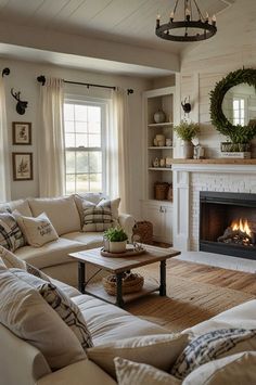 a living room filled with furniture and a fire place