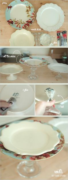 the steps to make an easy diy dinner plate centerpiece with glass plates and flowers