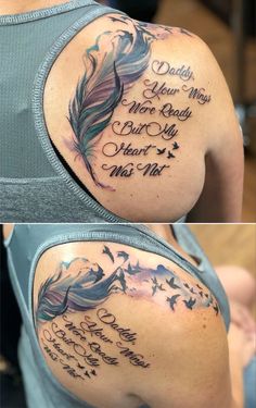 the back of a woman's shoulder with some writing on it