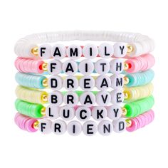 PRICES MAY VARY. ✨Colorful Beaded Bracelet Set✨The lovely and trendy beaded bracelets consist of unique bright pearlescent disc beads and different inspirational letter beads. The colorful stackable friendship bracelet set is sure to add a pop of color to your everyday look and dress. 6 different color bracelets can match different clothes and also can be used as friendship bracelets to share with your friends. ✨Colorful Beaded Bracelet Set✨The lovely and trendy beaded bracelets consist of uniqu Fancy Clay Bead Bracelets, Friendship Bracelets Summer, Letter Bracelet Beads, Clay Beaded Bracelets, Inspirational Letter, Bracelets Summer, Stackable Beaded Bracelets, Color Bracelets, Preppy Bracelets