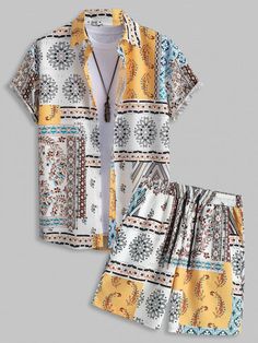 Elevate your summer wardrobe with this 2 Pieces Floral Printed Set. The set includes a stylish shirt and shorts, perfect for casual, ethnic, and vintage-inspired looks. The top features short sleeves and a regular length, while the shorts have a mid-waist with a convenient drawstring closure. Made from a blend of polyester and spandex, this set offers comfort. Features: Type: Shirt & Shorts Set Style: Casual, Ethnic, Vintage Occasions: Beach, Daily, Vacation Top Length: Regular Sleeves Length: S Multicolor Short Sleeve Short Set For Spring, Short Printed Beach Sets, Summer Sets With Short Sleeves, Spring Short Sleeve Printed Sets, Short Printed Summer Sets, Yellow Short Sleeve Summer Sets, Summer Short Sleeve Printed Sets, Yellow Summer Sets With Short Sleeve, White Bohemian Short Sleeve Sets