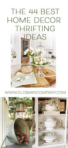 the four best home decor thrifting ideas in this postcard collage is from old barn company