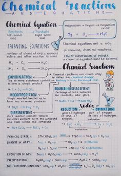 the chemical reactions worksheet is shown in blue and white ink on a piece of paper