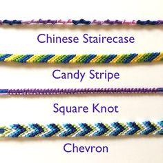 four different types of bracelets with the names of each bead stranded together