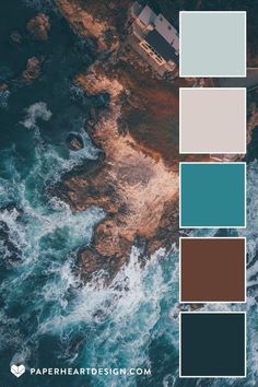 an aerial view of the ocean with brown and blue tones