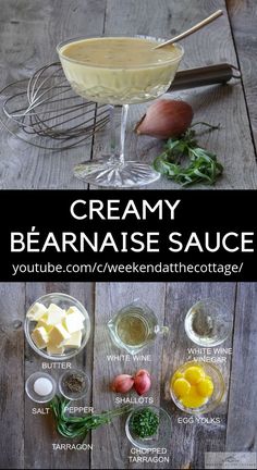 the ingredients for creamy bearnais sauce on a wooden table with text overlay that reads, creamy bearnais sauce