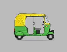 a green and yellow tuk - tuk with a canopy on the back is shown