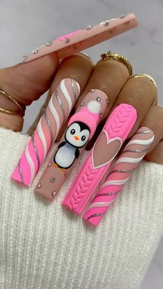 Pink Christmas Nail Designs, Penguin Nail Art, Penguin Nails, Nail Art Noel, Festive Nail Art, Sweater Nails, Christmas Nail Art Designs, Holiday Nail Art, Silver Top