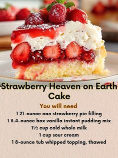 a piece of strawberry heaven cake on a plate with information about the recipe and ingredients