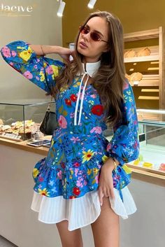 43670866296876|43670866329644|43670866362412 Loose Mini Dress, Patchwork Designs, Printed Mini Dress, Long Sleeve Mini Dress, Vintage Lace, Elegant Dresses, Stretch Fabric, Blue Dresses, Casual Dresses