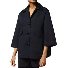 This Elegant Jacket Is Effortlessly Easy To Style. Built From A Breathable Cotton Mix, Its Feminine Silhouette Lends Versatile Appeal. The Garment Features A Button-Up Closure And Two Button Pockets. The Wide, Cropped Sleeves And Pvc Collar Add An On-Trend Touch. 82%Cotton 18%Polyester, Contrast 59%Wool 22%Polyester 19%Polyurethane. Button Closure. 2 Pockets. Unlined. Model Is Wearing A Size S And Is 177 Cm / 5'9". Fits True To Size, Take Your Normal Size. Color: Blue Designer Workwear Outerwear With Pockets, Chic Navy Outerwear With Lapel Collar, Tailored Navy Outerwear For Spring, Designer Navy Single-breasted Outerwear, Designer Navy Outerwear With Pockets, Designer Blue Outerwear With Padded Collar, Chic Tailored Navy Outerwear, Chic Navy Tailored Outerwear, Navy Padded Collar Outerwear For Fall