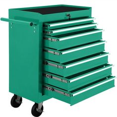 a green tool cabinet with five drawers and four casteors on the bottom half of it