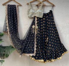 Black and Gold Ruffle Lehenga Set With Bustier Mirror Blouse Priti Sahni - Fabilicious Fashion Black Lehenga Choli, Mirror Work Blouse, Black Lehenga, Lehenga Choli Wedding, Reception Lehenga, Ganpati Decoration