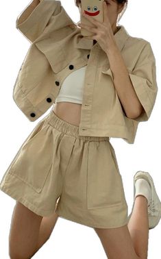 Relaxed Fit Short Set For Spring And Summer, Trendy Beige Wide-leg Shorts, Casual Cream Sets For Spring, Spring Short Sets With Pockets, Spring Vacation Beige Shorts, Beige Shorts For Summer, Relaxed Fit Short Set For Spring, Solid Short Length Summer Sets, Casual Short Set For Spring