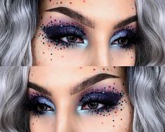 Pretty Halloween Makeup Looks Glitter, Galaxy Face Makeup, Color Eyebrows To Match Hair, Outer Space Makeup, Space Girl Makeup, Unicorn Eye Makeup, Drag Eye Makeup, Space Makeup Looks, Rave Makeup Looks