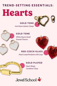 Four different types of heart themed jewelry making supplies propped against a light pink background. Heart Lamp, Iron Heart, Shop Jewelry, Enamel Charms, Glass Heart, White Heart