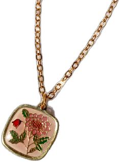 Floral Pendant Necklace, Floral Squares, Enamel Necklaces, Floral Pendant, Vintage Nature, Charm Pendant Necklace, Gold Enamel, Flower Necklace, Necklace Chain