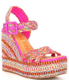 From Gianni Bini, the Santi Woven Beaded Strappy Wedge Sandals feature:Woven braided fabric upperAnkle strap with functional buckle closureSynthetic liningMemory foam sockRubber outsoleApprox. 1.57" platform heightApprox. 4.72" heel heightImported. Bright Heels, Beaded Rainbow, Strappy Wedge Sandals, Braided Fabric, Cute Shoes Heels, Sandal Platform, Strappy Wedges