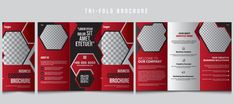 three fold brochure design with red and black accents on the front, side and back