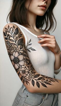 a woman with a flower tattoo on her arm and shoulder is posing for the camera