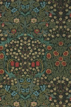 an intricately designed wallpaper with flowers and leaves in green, red, blue, yellow and brown colors