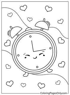 an alarm clock with hearts around it and the time is 11 o'clock coloring page