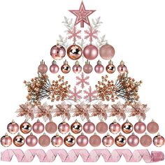 a christmas tree made out of ornaments and pink ribbon with snowflakes on top