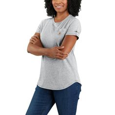 An everyday tee with Carhartt pride, this women's short-sleeve t-shirt keeps you cool and comfortable on the job or off. Midweight cotton jersey is sweat-fighting and fast-drying. Mesh sleeves and back keep air circulating to help you stay cool when work heats up. A relaxed fit gives you room to move.Features6-ounce, 60% polyester / 40% cottonBuilt with Force technology to wick sweat, dry fast, and fight odorsFastDry® technology keeps you cool for all day comfortRib-knit crewneck holds its shape Carhartt Bag, Carhartt Womens, Safety Clothing, Carhartt Women, Mesh Sleeves, Branded Sweatshirts, Pocket Tshirt, Summer Essentials, Girls Shopping