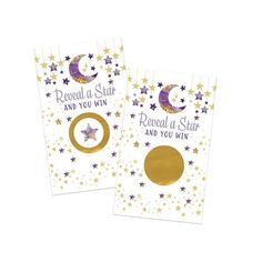 two purple and gold paper bags with stars on them