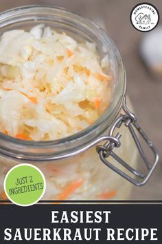 an easy recipe for sauerkraut in a mason jar with text overlay