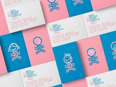 several business cards with different designs on them, all in blue and pink colors that appear to be children's drawings