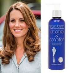 a woman smiling next to a bottle of shampoo and a photo of her hair