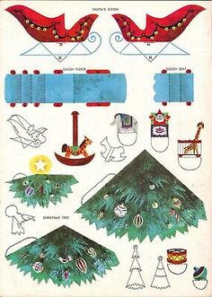 an old paper doll's christmas tree and other decorations