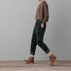 "★★DETAILS Cotton Corduroy Pants Two front pockets elastic waistband High waisted pants Wide leg pants Perfect for Spring, Autumn and winter Wash only in cold water and do not expose to direct sunlight. ★★ The model is 170 cm (5′ 7″) tall with a 80 cm (31.5\") bust, 66 cm (26\") waist. She is wearing the green corduroy pants in size XS. ★★ Bespoke Order Service If you Request other color Request the length Your height is not between 155 cm- 172 cm Your weight is over 75 kg I can do it for you, I Casual Green Corduroy Pants, Green Corduroy Bottoms For Fall, Winter Corduroy Tapered Leg Bottoms, Winter Corduroy Tapered Leg Pants, Green Corduroy Bottoms For Work, Green Corduroy Bottoms With Pockets, Relaxed Fit Corduroy Ankle-length Pants, Relaxed Fit Ankle-length Corduroy Pants, Casual Wide Leg Velvet Pants