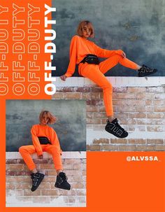 a woman sitting on top of a brick wall wearing an orange outfit and black sneakers