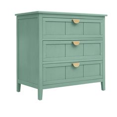 a green dresser with three drawers and two gold knobs on the bottom, against a white background