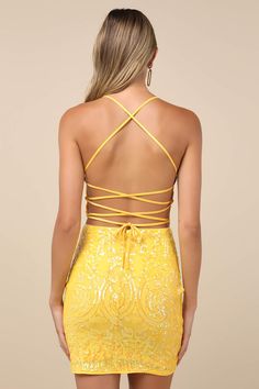 Yellow Sequin Dress - Lace-Up Mini Dress - Bodycon Dress - Lulus Yellow Hoco Dress Short, Yellow Hoco Dress, Hoco Dress Short, Yellow Homecoming Dresses, Orange Homecoming Dresses, Homecoming Dresses Corset, Floral Homecoming Dresses, Strapless Homecoming Dresses, Bodycon Dress Homecoming