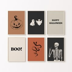 four halloween cards with the words boo, happy halloween and skeleton in different colors on them