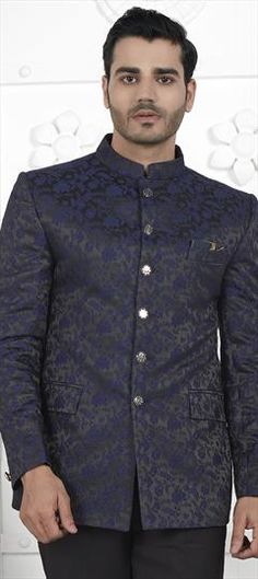 Blue color Nehru Jacket in Jacquard fabric with Embroidered, Weaving work Traditional Blue Blazer For Formal Occasions, Traditional Blue Formal Blazer, Semi-formal Embroidered Blue Bandhgala, Winter Blue Bandhgala For Formal Events, Formal Blue Embroidered Bandhgala, Formal Blue Embroidered Outerwear, Blue Nehru Jacket For Semi-formal Winter Events, Blue Nehru Jacket For Winter Wedding, Blue Embroidered Sherwani For Semi-formal Occasions