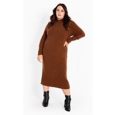 Cozy up in style with the Callie Sweater Dress. Its high neck keeps you warm, while full-length sleeves provide comfort. The relaxed fit and midi length make it perfect for those laid-back days. Crafted from a cozy ribbed fabric, it's a must-have addition to your winter wardrobe.Key Features Include: - High neck- Full length sleeves- Pull over style- Relaxed fit- Midi length - Cozy ribbed fabricWear this with some faux-leather ankle boots for an easy go-to look.Body & Sleeves: 45% Acrylic 28% Po Brown Long Sleeve Sweater Dress For Winter, Winter Loungewear Sweater Dress Midi Length, Brown Midi Sweater Dress For Fall, Fall Brown Midi Sweater Dress, Fall Midi Dress For Loungewear, Fall Loungewear Midi Dress, Fall Knee-length Midi Dress For Loungewear, Brown Knee-length Midi Dress For Winter, Fall Turtleneck Midi Dress For Workwear