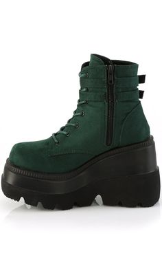 SHAKER-52 Emerald Faux Suede Ankle Boots-Demonia-Tragic Beautiful Emo Boots, Camel Ankle Boots, Alt Shoes, Black Creepers, Demonia Boots, Concert Wear, Gothic Boots, Demonia Shoes, Platform Ankle Boots