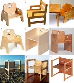 various wooden chairs and stools are shown in this collage, including one for children's furniture