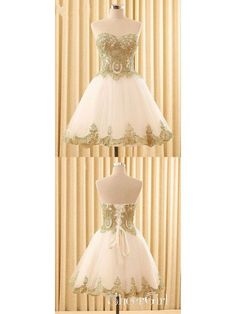 Ivory Tulle with Gold Lace Appliqued Sweetheart Neck Homecoming Dresses,apd2549-SheerGirl Quince Short Dresses, White And Gold Quince, Gold Quince, Dress High Low, Quinceanera Themes, Satin Tulle, Mini 8, As Pictures, Gold Lace