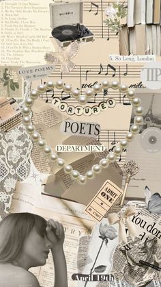 a collage of images with words and pictures on them, such as books, papers, flowers, and pearls