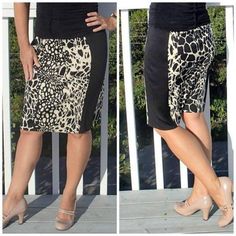 two pictures of the same woman's legs wearing high heels and leopard print skirt