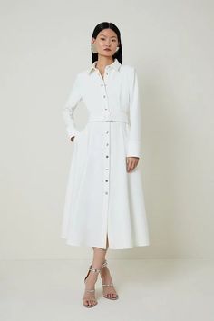 Tailored Compact Stretch Belted Shirt Dress | Karen Millen Formal Button-up Dresses With Belted Cuffs, White Shirt Dress For Work, Classic Belted Shirt Dress For Semi-formal Occasions, Elegant Long Sleeve Pleated Belted Dress, Elegant Long Sleeve Belted Shirt Dress, Classic A-line Belted Dress For Formal Occasions, Fitted Long Sleeve Belted Shirt Dress, Elegant A-line Shirt Dress With Button Closure, White Collared Midi Dress For Work